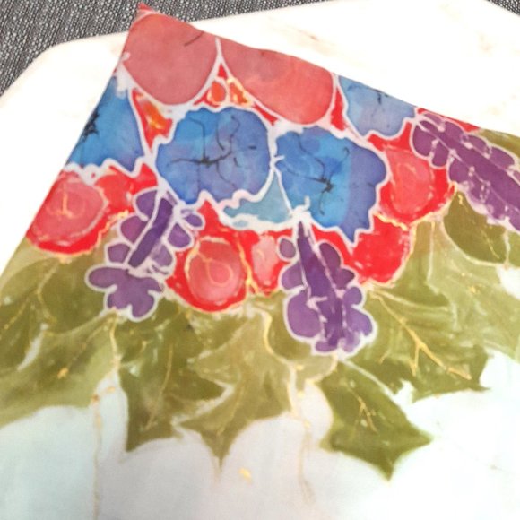 Hand Painted Silk 30" x 30" Scarf Flower Bouquet Design - Picture 5 of 10